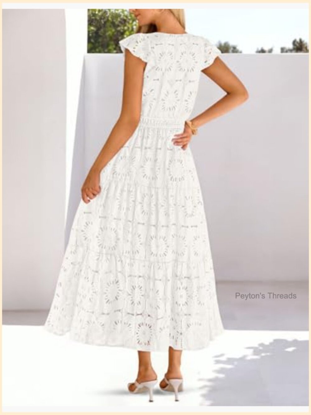 Flutter Sleeve Lace Eyelet Maxi Dress Tiered Boho Beach Vacation - Picture 4 of 7